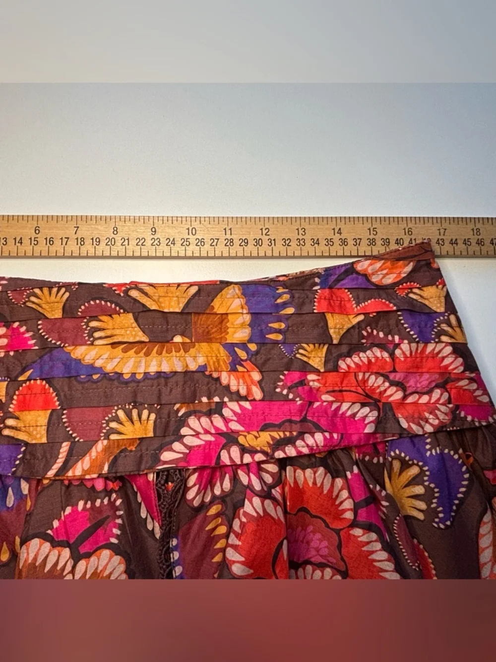 FARM Rio Bright Flora Brown Mini Skirt Size Large NWOT Boho Floral Ruffle